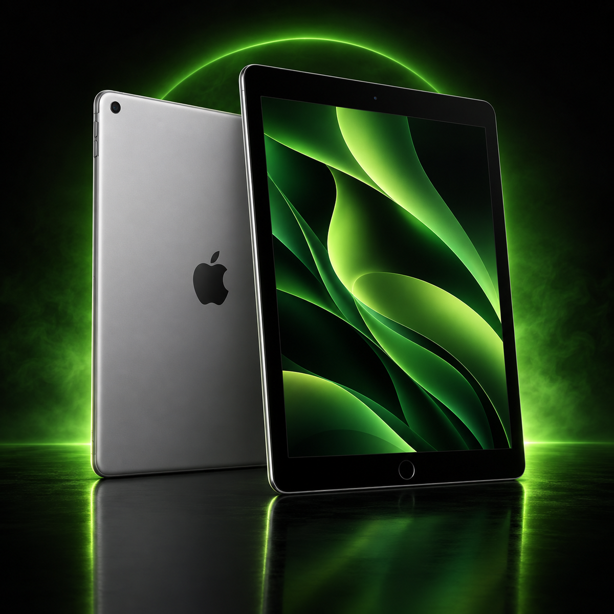 iPad ricondizionati – composizione promozionale su sfondo scuro con riflessi verdi