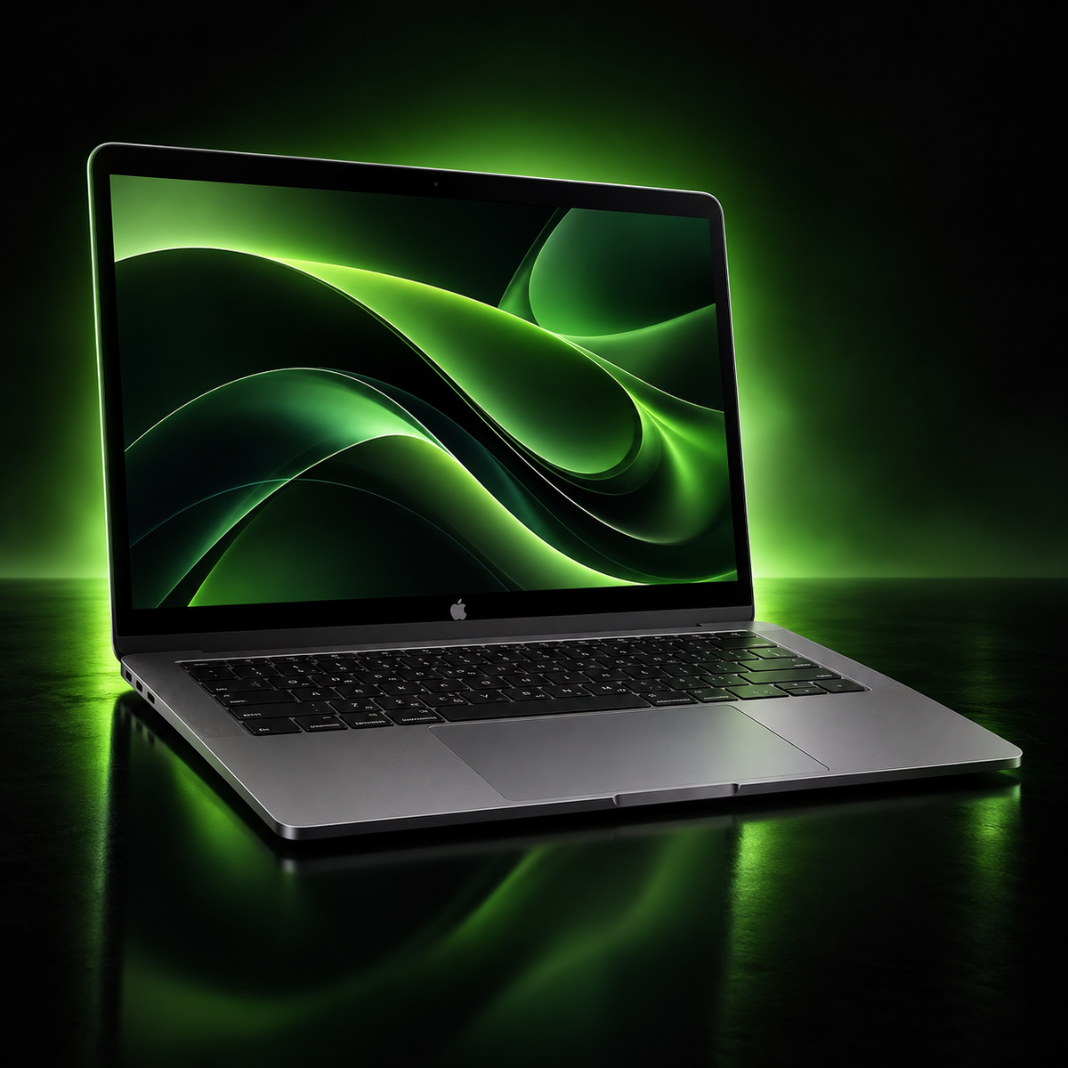 MacBook ricondizionati – composizione promozionale su sfondo scuro con riflessi verdi